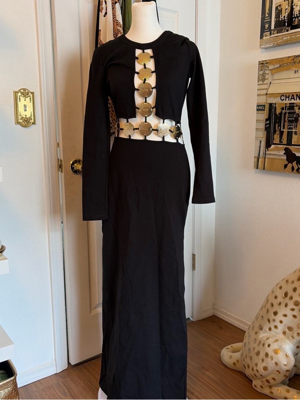 STAUD Black Long-Sleeve Maxi Dress with Gold Disk Accents